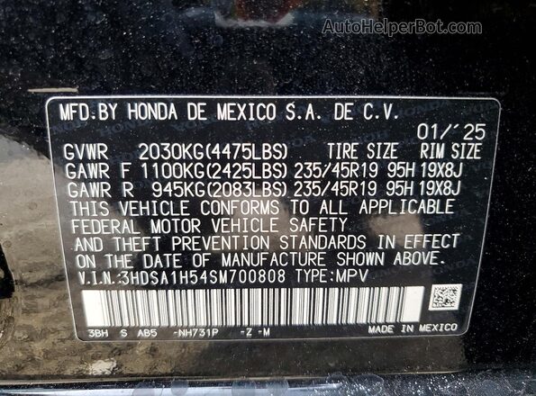 3HDSA1H54SM700808 2025 ACURA ADX Black Widok naklejki z numerem VIN
