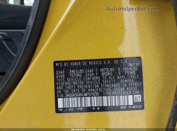 3HGGK5G8XJM701839 2018 HONDA FIT Yellow 