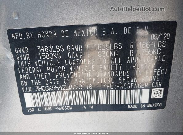 3HGGK5H42LM729116 2020 HONDA FIT Silver Շարժիչի բաժամունքի տեսք