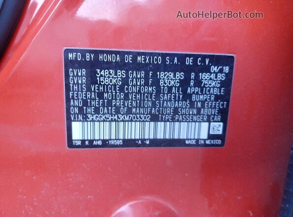 3HGGK5H43KM703302 2019 HONDA FIT Orange 