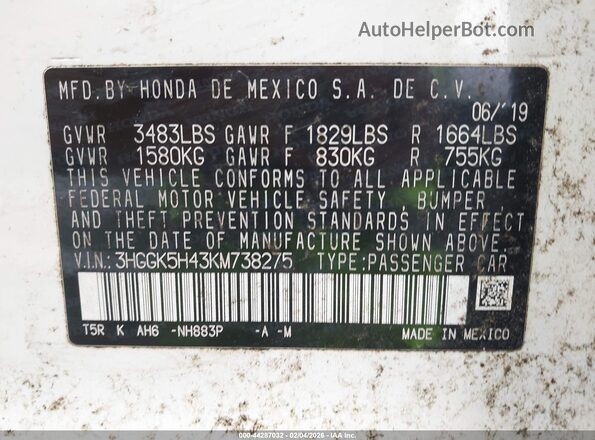 3HGGK5H43KM738275 2019 HONDA FIT White Engine compartment view