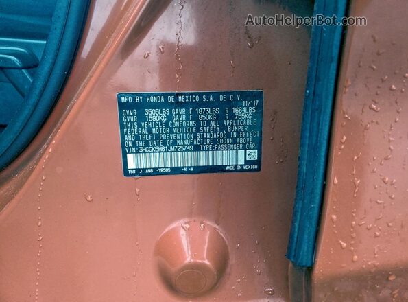 3HGGK5H61JM725749 2018 HONDA FIT Orange 