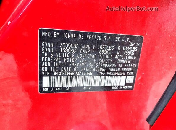 3HGGK5H68JM711086 2018 HONDA FIT Red Widok wnętrza 360 stopni