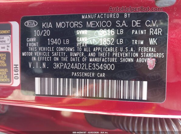 3KPA24AD2LE354900 2020 KIA RIO Red 