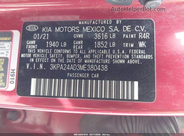 3KPA24AD3ME380438 2021 KIA RIO Красный 