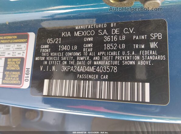 3KPA24AD4ME403578 2021 KIA RIO Blue 