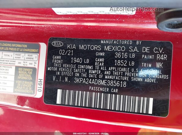 3KPA24AD8ME385618 2021 KIA RIO Red Vista del compartimento del motor