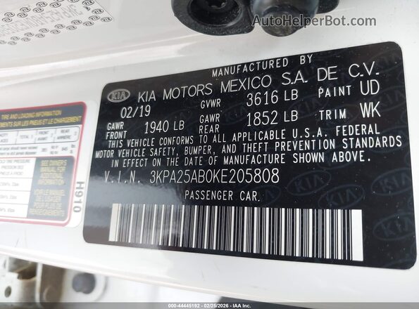3KPA25AB0KE205808 2019 KIA RIO 5-DOOR White 