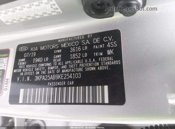 3KPA25AB9KE254103 2019 KIA RIO 5-DOOR Silver 