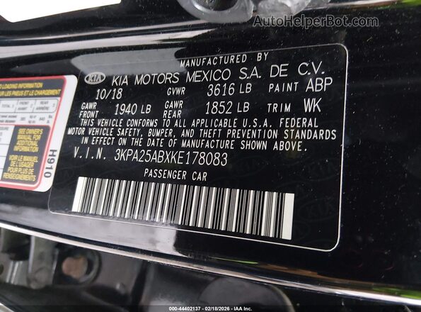 3KPA25ABXKE178083 2019 KIA RIO 5-DOOR Black 