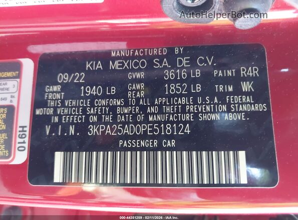 3KPA25AD0PE518124 2023 KIA RIO 5-DOOR Red ძრავის განყოფილების ხედი