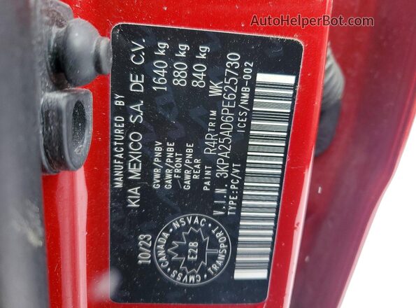 3KPA25AD6PE625730 2023 KIA RIO Red VIN კოდის სტიკერის ხედი