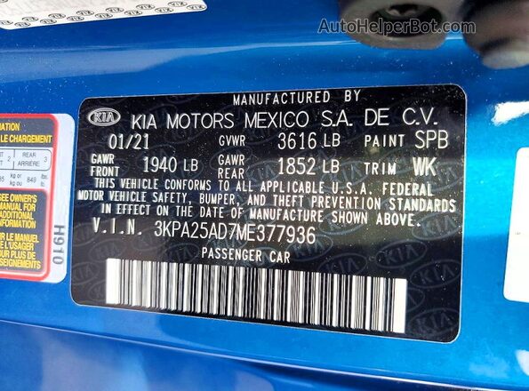 3KPA25AD7ME377936 2021 KIA RIO Blue 