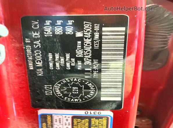 3KPA35AD5NE445097 2022 KIA RIO Red Engine compartment view