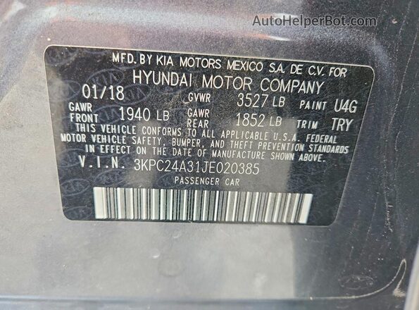 3KPC24A31JE020385 2018 HYUNDAI ACCENT Gray Vista del compartimento del motor