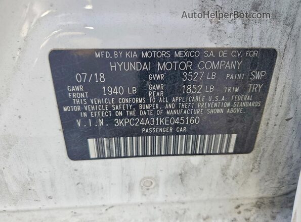 3KPC24A31KE045160 2019 HYUNDAI ACCENT Белый 