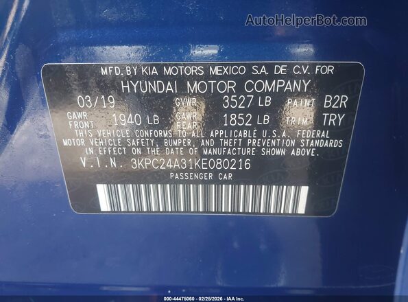 3KPC24A31KE080216 2019 HYUNDAI ACCENT Blue Շարժիչի բաժամունքի տեսք