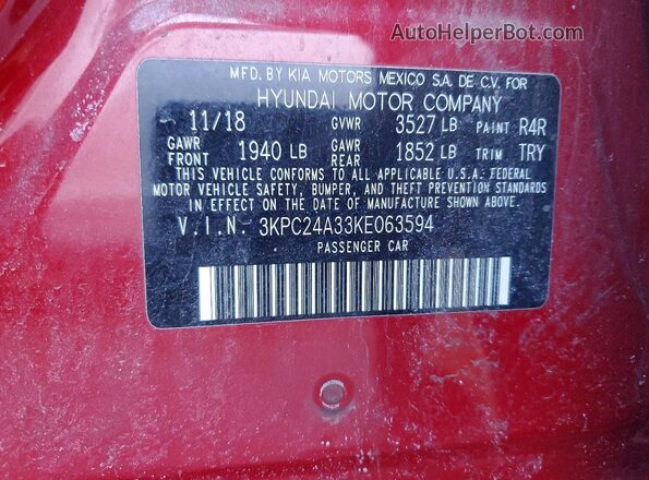 3KPC24A33KE063594 2019 HYUNDAI ACCENT Red 