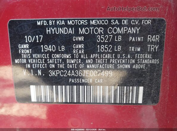 3KPC24A36JE007499 2018 HYUNDAI ACCENT Red Widok komory silnika