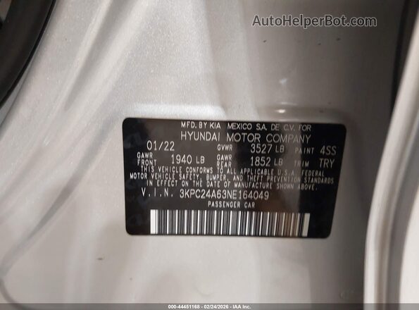 3KPC24A63NE164049 2022 HYUNDAI ACCENT Silver Vista del compartimento del motor
