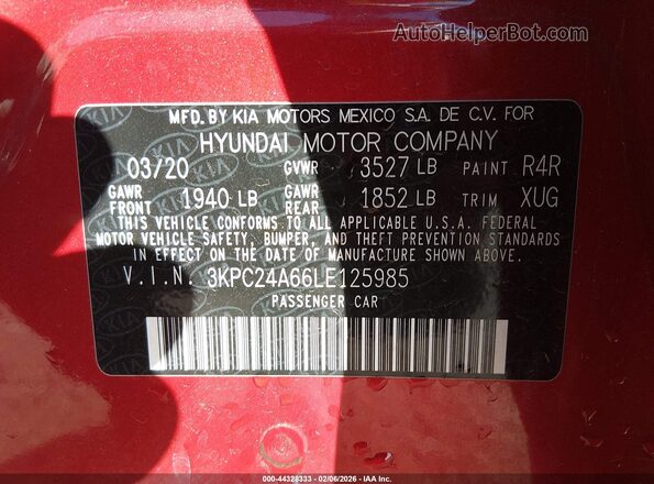 3KPC24A66LE125985 2020 HYUNDAI ACCENT Red Widok komory silnika