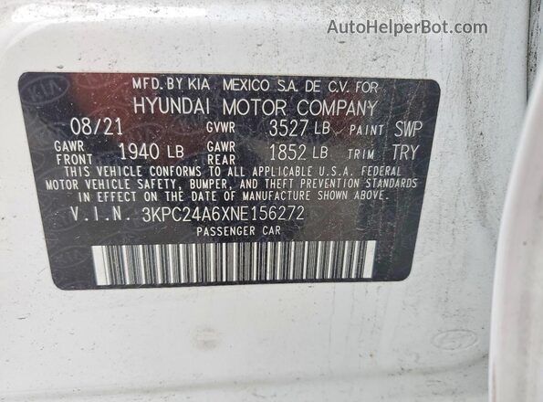 3KPC24A6XNE156272 2022 HYUNDAI ACCENT White Widok komory silnika