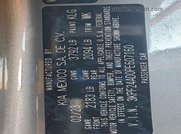 3KPF24AD0PE607160 2023 KIA FORTE Silver VIN კოდის სტიკერის ხედი