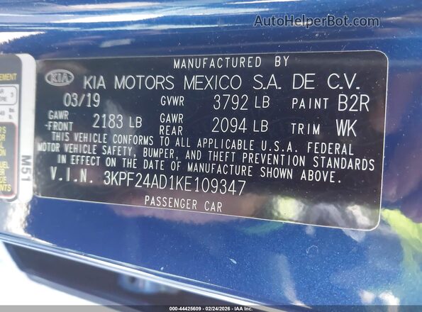 3KPF24AD1KE109347 2019 KIA FORTE Blue 