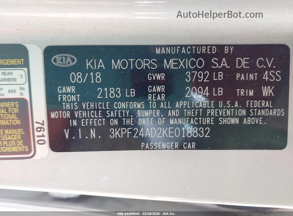 3KPF24AD2KE018832 2019 KIA FORTE Silver 