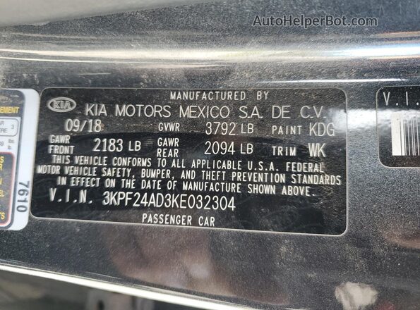 3KPF24AD3KE032304 2019 KIA FORTE Gray 