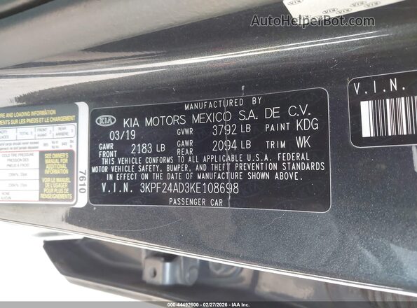 3KPF24AD3KE108698 2019 KIA FORTE Light Blue 