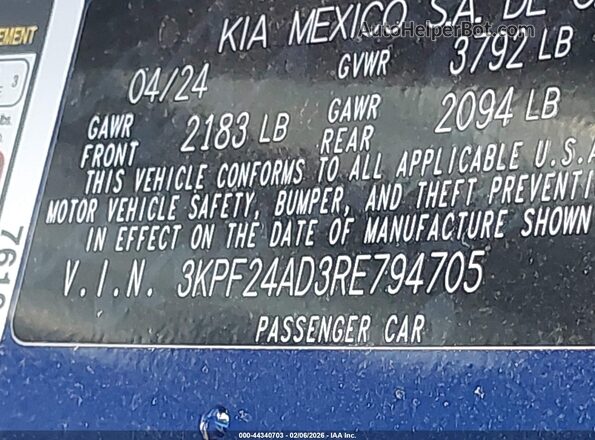 3KPF24AD3RE794705 2024 KIA FORTE Синий Вид подкапотного пространства