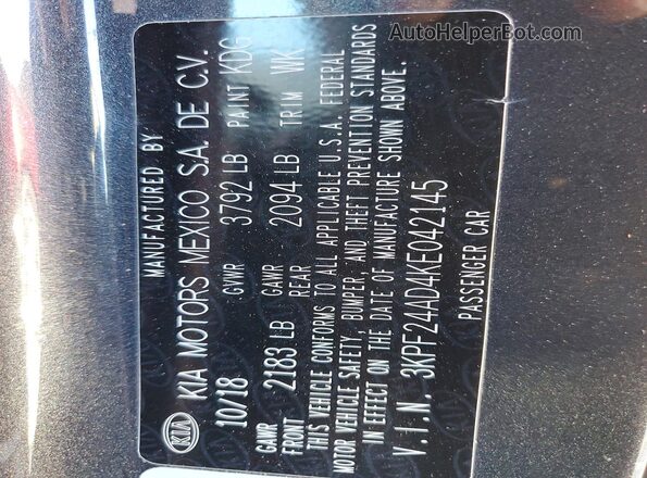 3KPF24AD4KE042145 2019 KIA FORTE Charcoal 