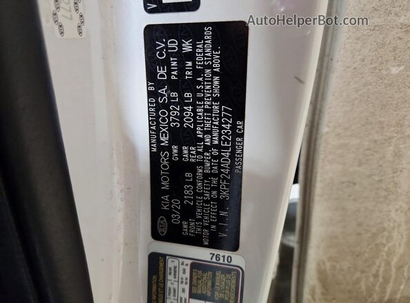 3KPF24AD4LE234277 2020 KIA FORTE White Widok komory silnika