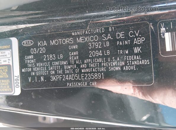3KPF24AD5LE235891 2020 KIA FORTE Black Vista del compartimento del motor