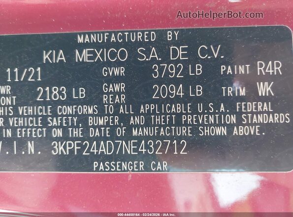 3KPF24AD7NE432712 2022 KIA FORTE Красный Вид подкапотного пространства