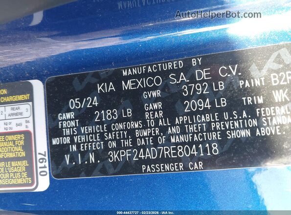 3KPF24AD7RE804118 2024 KIA FORTE Blue Engine compartment view