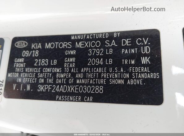 3KPF24ADXKE030288 2019 KIA FORTE White 