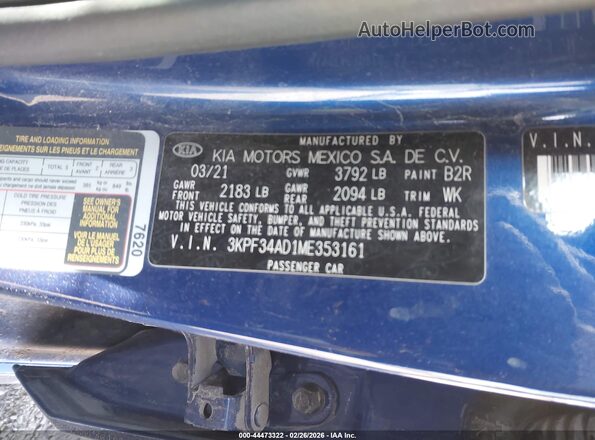 3KPF34AD1ME353161 2021 KIA FORTE Blue Vista del compartimento del motor