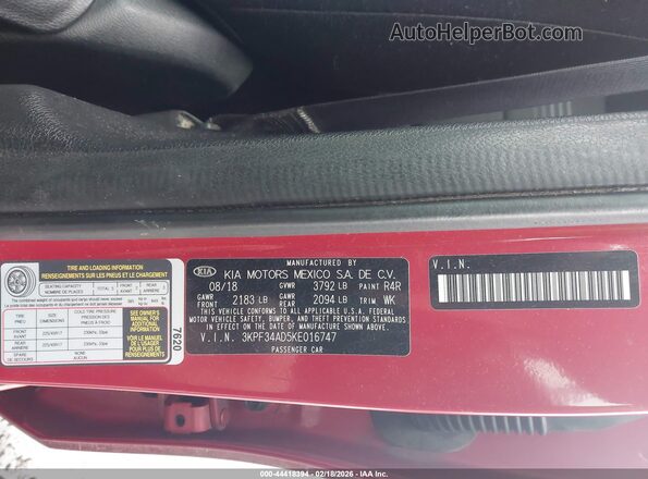 3KPF34AD5KE016747 2019 KIA FORTE Red 