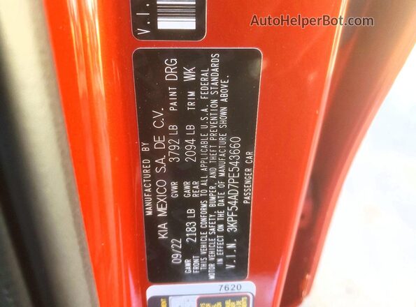 3KPF54AD7PE543660 2023 KIA FORTE Red Widok naklejki z numerem VIN