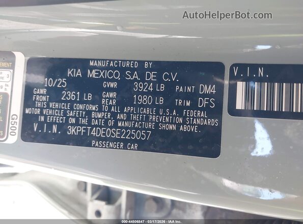 3KPFT4DE0SE225057 2025 KIA K4 Gray 