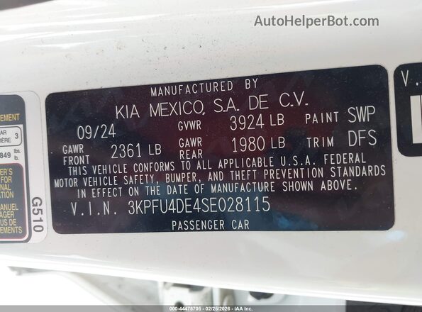3KPFU4DE4SE028115 2025 KIA K4 White Շարժիչի բաժամունքի տեսք