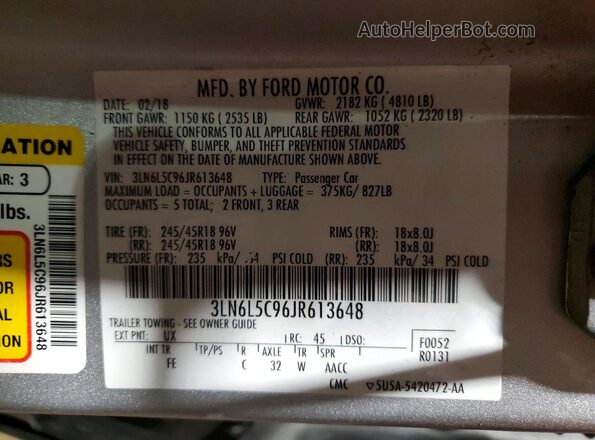 3LN6L5C96JR613648 2018 LINCOLN MKZ Silver Vista de la etiqueta del VIN