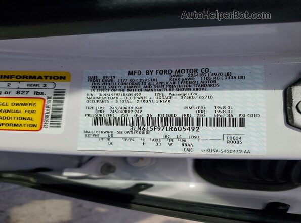 3LN6L5F97LR605492 2020 LINCOLN MKZ White 