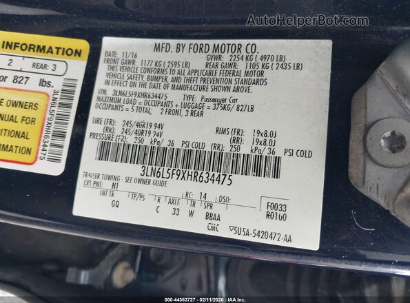 3LN6L5F9XHR634475 2017 LINCOLN MKZ Blue Շարժիչի բաժամունքի տեսք