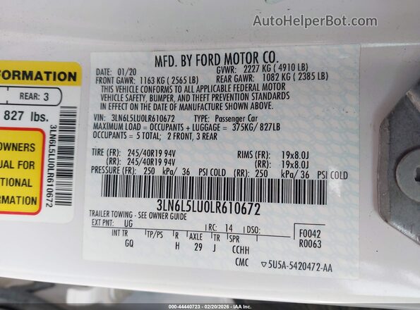 3LN6L5LU0LR610672 2020 LINCOLN MKZ White Вид підкапотного простору