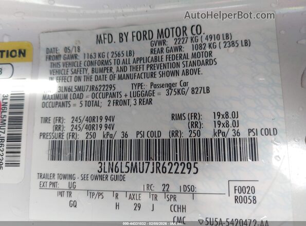 3LN6L5MU7JR622295 2018 LINCOLN MKZ HYBRID White Շարժիչի բաժամունքի տեսք