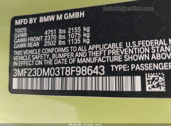 3MF23DM03T8F98643 2026 BMW M2 Green Вид підкапотного простору