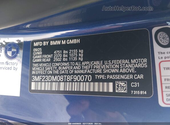 3MF23DM08T8F90070 2026 BMW M2 Blue Շարժիչի բաժամունքի տեսք